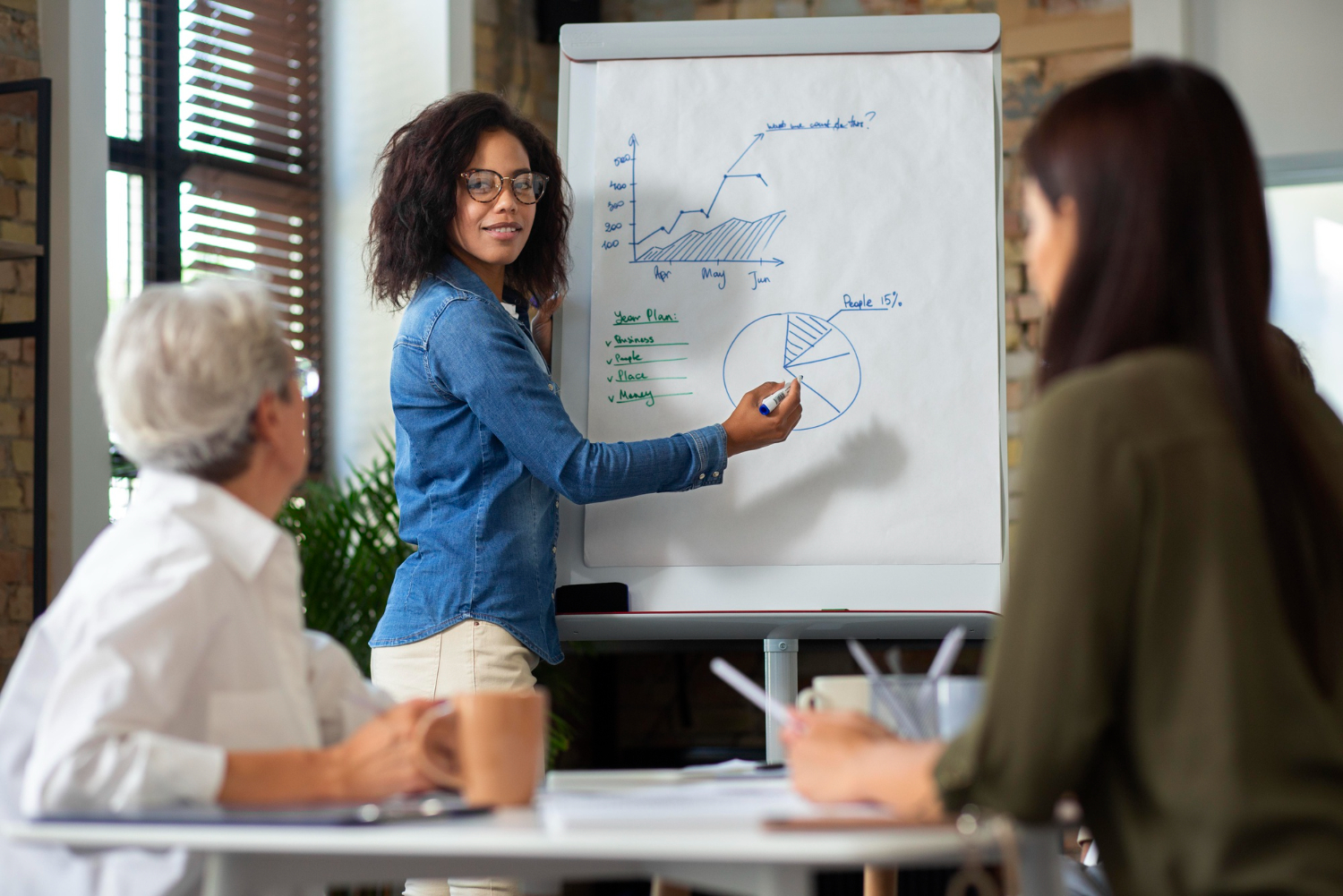 "Consultora apresentando gráfico de resultados em flip chart durante reunião sobre transferência de treinamento para a equipe"